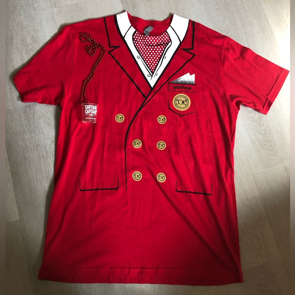 NEW Captain Morgan T-shirt Tee Pirate Red Costume Shirt LARGE  + Shot Necklace